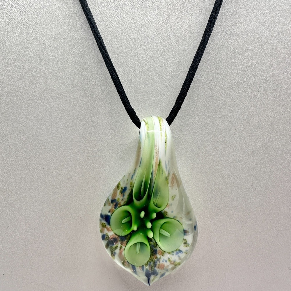 Vintage 90s Lampwork Art Glass Floral Pendant Necklace Green Calla Lily Jewelry